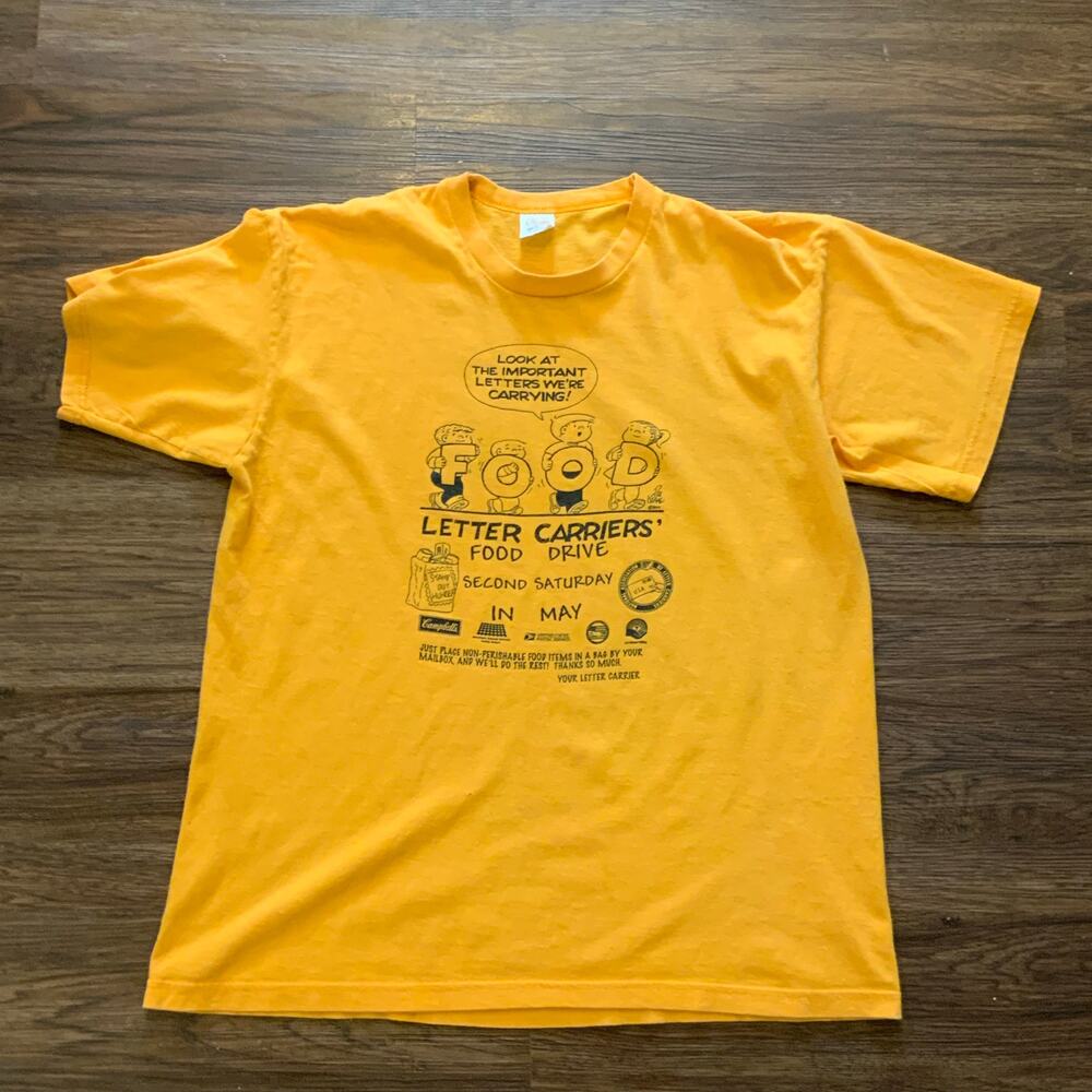 Vintage USPS Letter Carriers Food Drive T-Shirt L Yellow 90s USA Tee